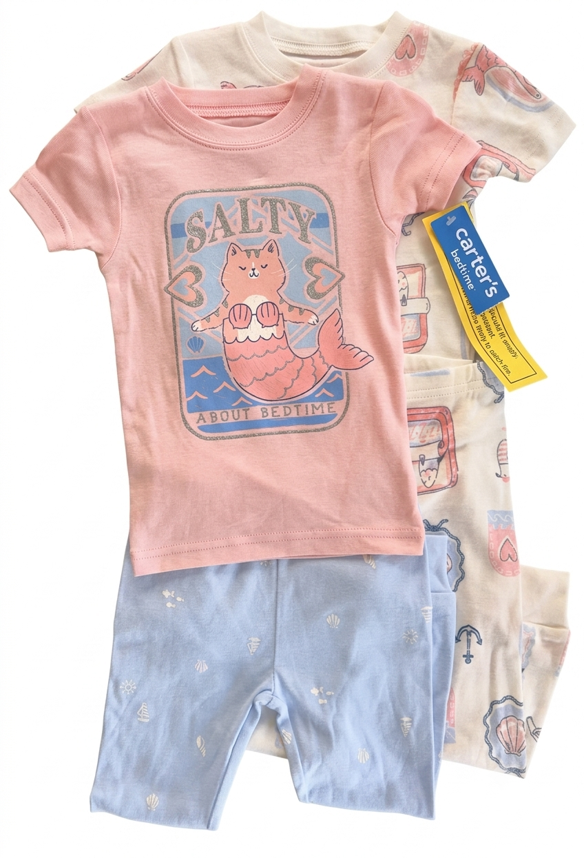 Conjunto pijamas gata sirena 4 piezas | Rosa/marfil