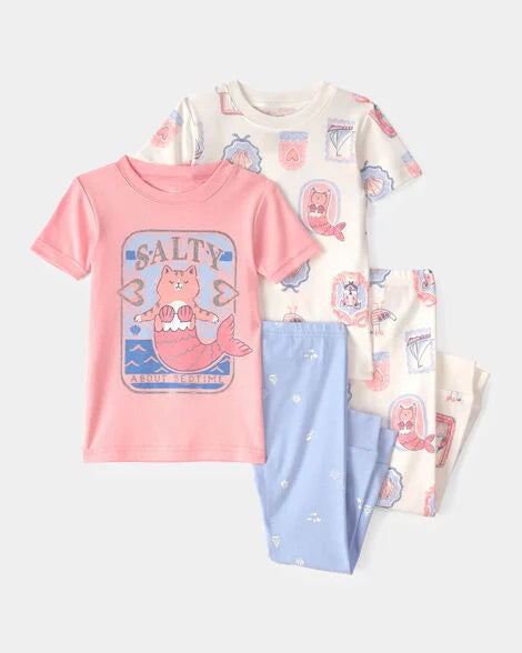 Conjunto pijamas gata sirena 4 piezas | Rosa/marfil