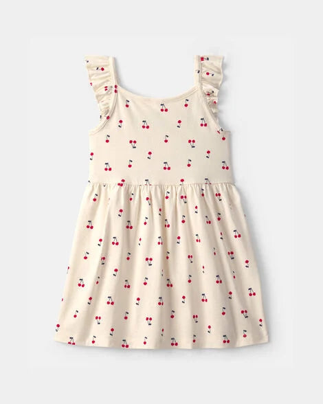 Vestido niña mangas con volantes cerezas | Crema