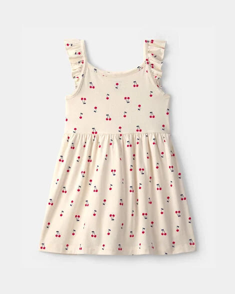 Vestido niña mangas con volantes cerezas | Crema